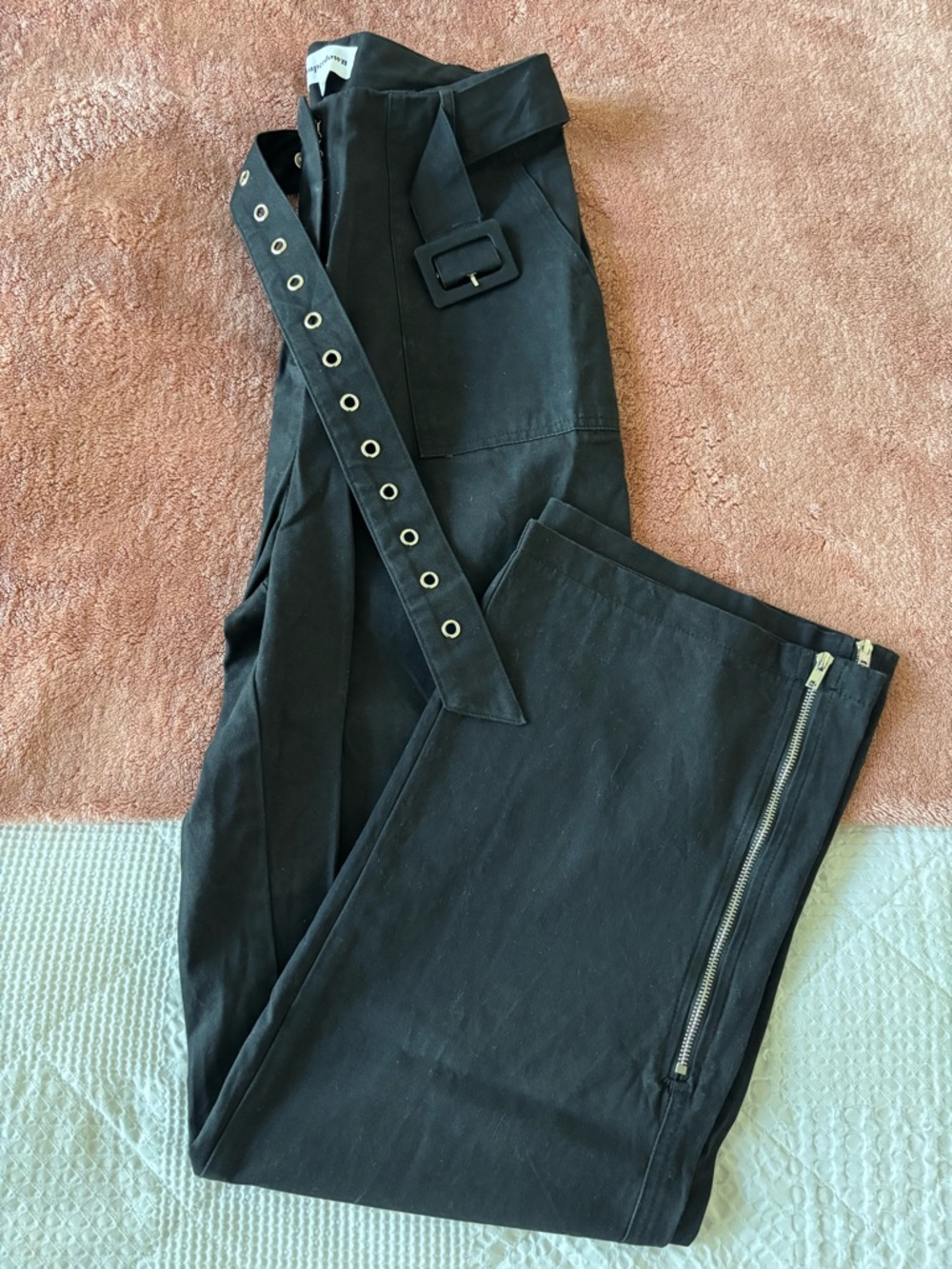 superdown Black High-Waist Belted Trousers with Side Zip